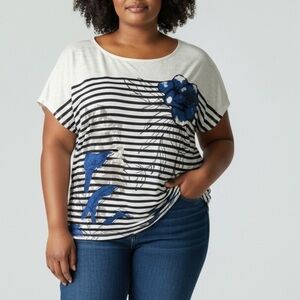 Addition Elle Short Sleeve Floral Stripes Top
